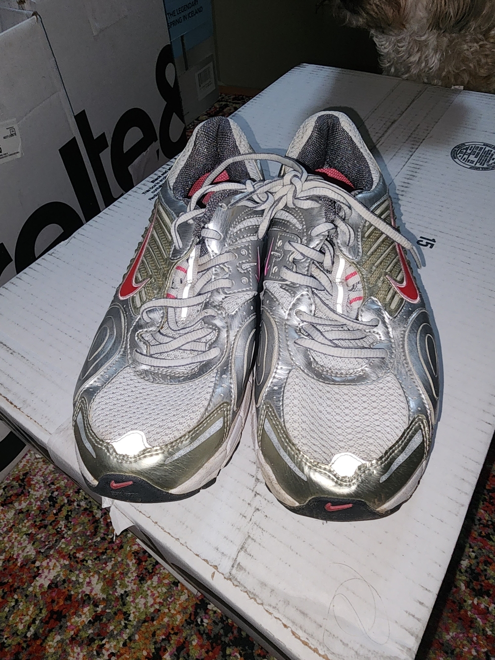 Nike Women's Silver and Gray Athletic Running Shoes with Pink Swoosh